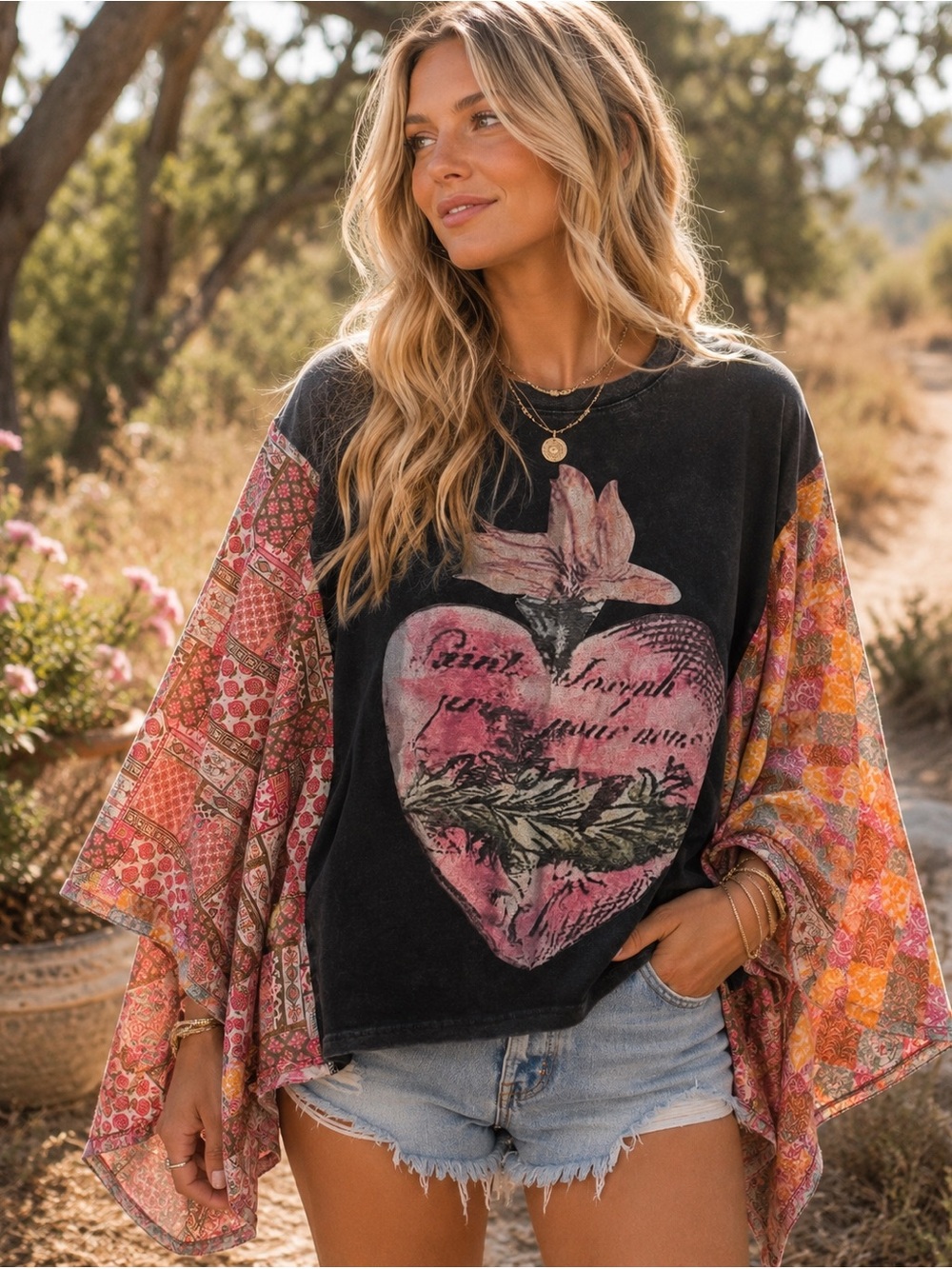 Blue Velvet Boho Patchwork Graphic Heart Poncho Sleeve Top NWT S/M